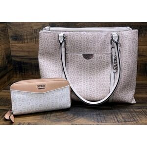 Guess Tote Bag and Wallet Set Womens Large Tan Monogram Logo Shoulder Bag